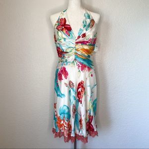 Carmen Marc Valvo Silk Floral Tropical Halter Rouched Dress Size 10 ✨NWT